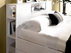 Vente-unique Lit avec tête de lit rangements et tiroirs - 140 x 190 cm - Coloris : Blanc + Sommier - LEANDRE* Lit Avec Rangement
