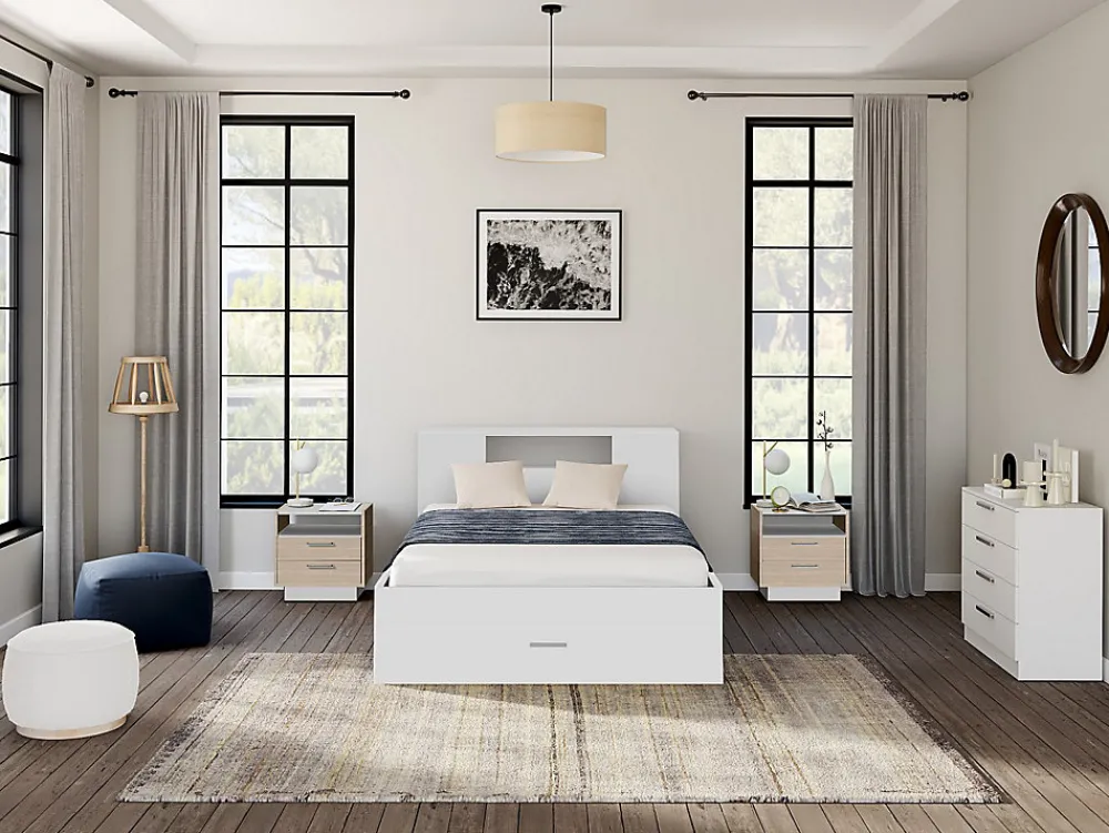 Vente-unique Lit avec tête de lit rangements et tiroirs - 140 x 190 cm - Coloris : Blanc + Sommier - LEANDRE* Lit Avec Rangement
