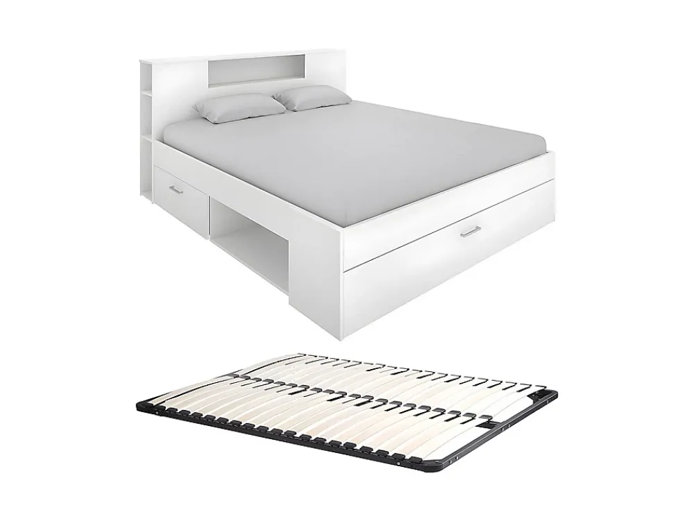 Vente-unique Lit avec tête de lit rangements et tiroirs - 140 x 190 cm - Coloris : Blanc + Sommier - LEANDRE* Lit Avec Rangement