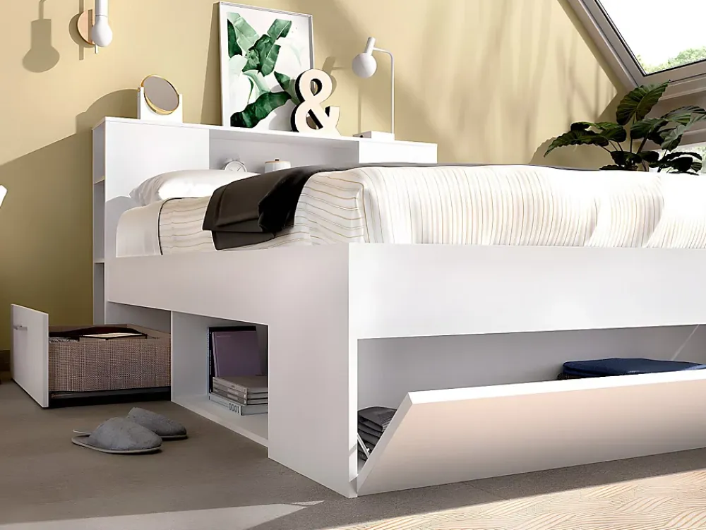 Vente-unique Lit avec tête de lit rangements et tiroirs - 140 x 190 cm - Coloris : Blanc + Sommier - LEANDRE* Lit Avec Rangement