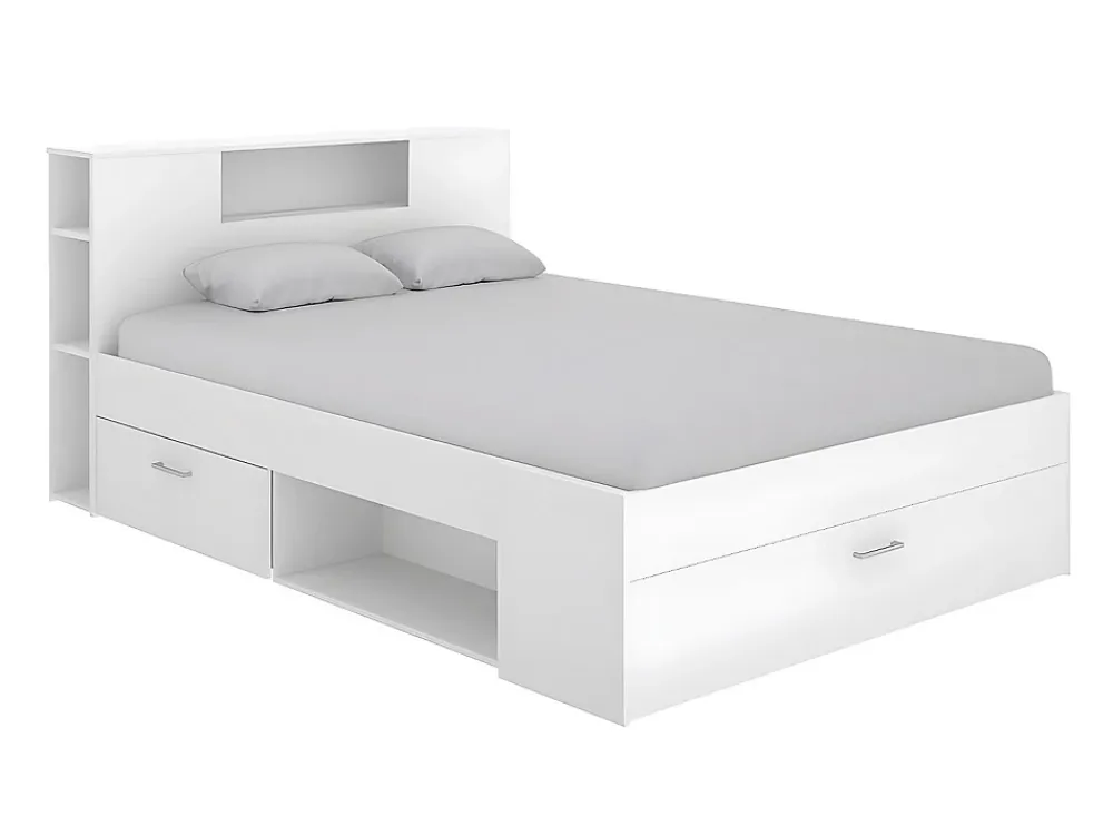 Vente-unique Lit avec tête de lit rangements et tiroirs - 140 x 190 cm - Coloris : Blanc + Sommier - LEANDRE* Lit Avec Rangement