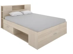 Vente-unique Lit avec tête de lit rangements et tiroirs - 160 x 200 cm - Coloris : Naturel - LEANDRE* Lit Avec Rangement