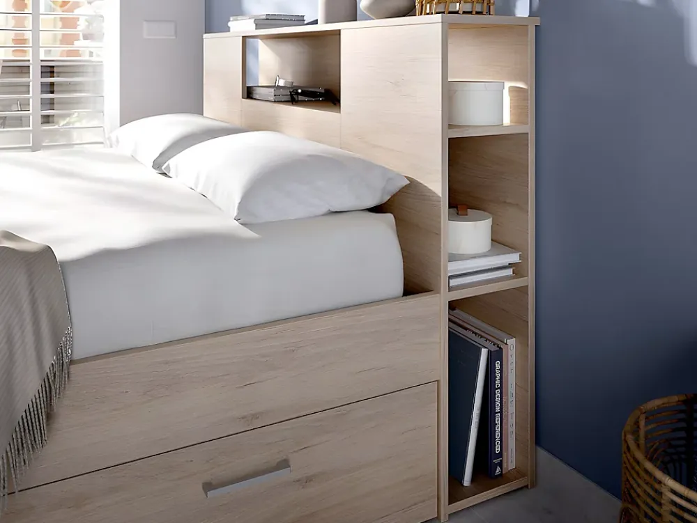 Vente-unique Lit avec tête de lit rangements et tiroirs - 160 x 200 cm - Coloris : Naturel - LEANDRE* Lit Avec Rangement