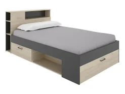 Lit avec tête de lit rangements et tiroirs - 120 x 190cm - Coloris : Naturel et anthracite + Sommier - LEANDRE><noscript><img width=