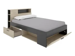 Lit avec tête de lit rangements et tiroirs - 120 x 190cm - Coloris : Naturel et anthracite + Sommier - LEANDRE><noscript><img width=