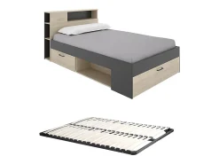 Lit avec tête de lit rangements et tiroirs - 120 x 190cm - Coloris : Naturel et anthracite + Sommier - LEANDRE><noscript><img width=