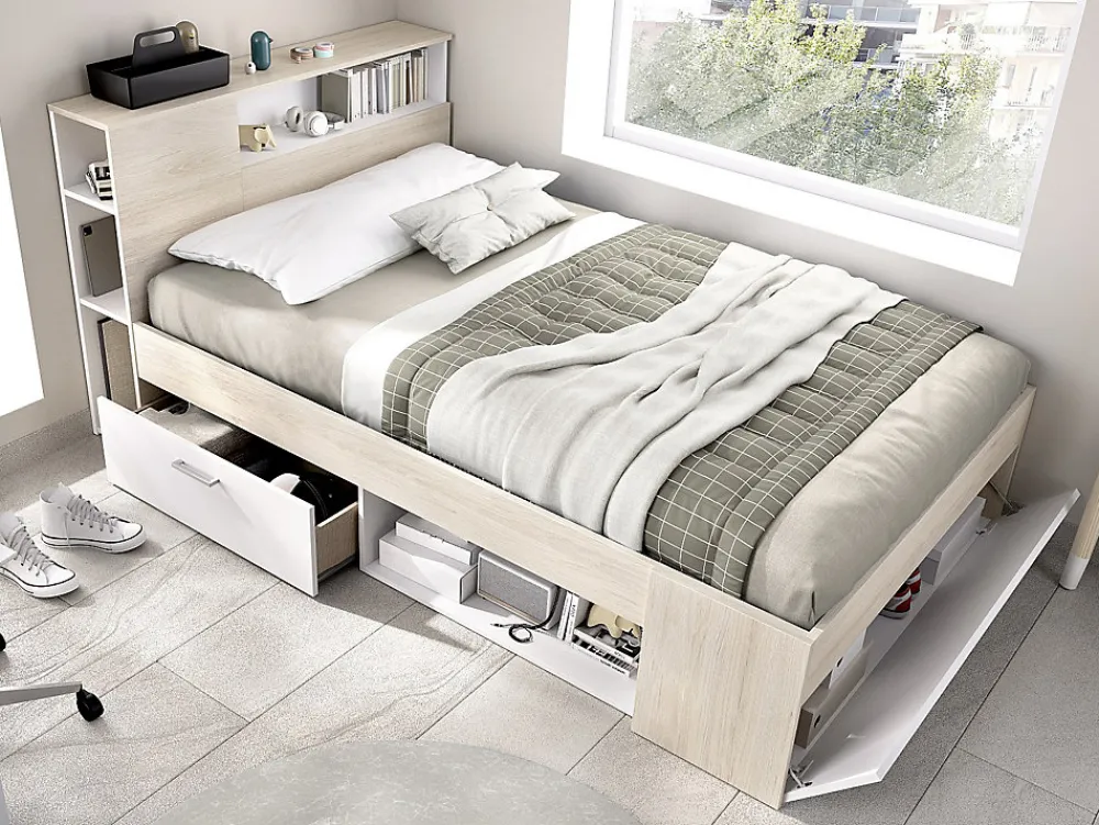 Lit avec tête de lit rangements et tiroir - 120 x 190 cm - Coloris : Naturel et blanc - LEANDRE>Vente-unique Hot