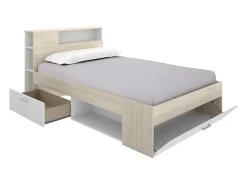Lit avec tête de lit rangements et tiroir - 120 x 190 cm - Coloris : Naturel et blanc - LEANDRE><noscript><img width=