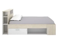 Lit avec tête de lit rangements et tiroir - 120 x 190 cm - Coloris : Naturel et blanc - LEANDRE><noscript><img width=
