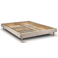 Lit avec tête de lit tapissier tissu et sommier kit - Lit en bois massif><noscript><img width=