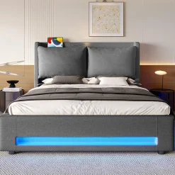 Blackcolors Lit baldaquin velours 140x200 cm, tête de lit élégante, ports USB-C, LED ambiance, rangement - moderne* Lit Coffre