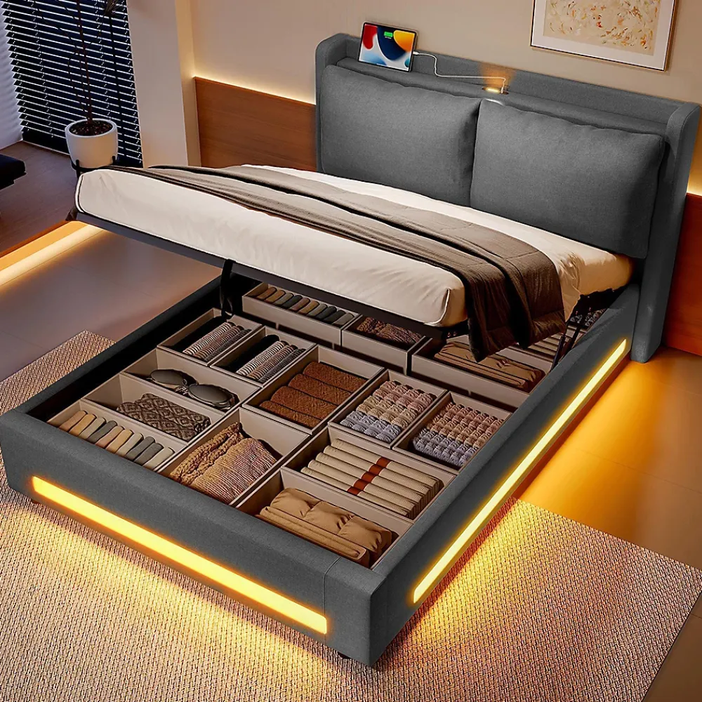 Blackcolors Lit baldaquin velours 140x200 cm, tête de lit élégante, ports USB-C, LED ambiance, rangement - moderne* Lit Coffre