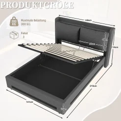 Blackcolors Lit baldaquin velours 140x200 cm, tête de lit élégante, ports USB-C, LED ambiance, rangement - moderne* Lit Coffre