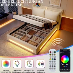 Lit baldaquin velours 140x200 cm, tête de lit élégante, ports USB-C, LED ambiance, rangement - moderne><noscript><img width=