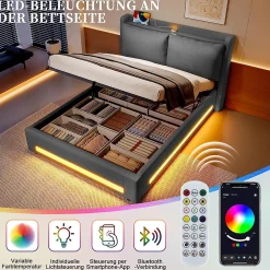 Blackcolors Lit baldaquin velours 160x200 cm, tête de lit élégante, ports USB-C, LED ambiance, rangement - moderne* Lit Coffre