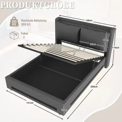 Blackcolors Lit baldaquin velours 140x190 cm, tête de lit élégante, ports USB-C, LED ambiance, rangement - moderne* Lit Coffre