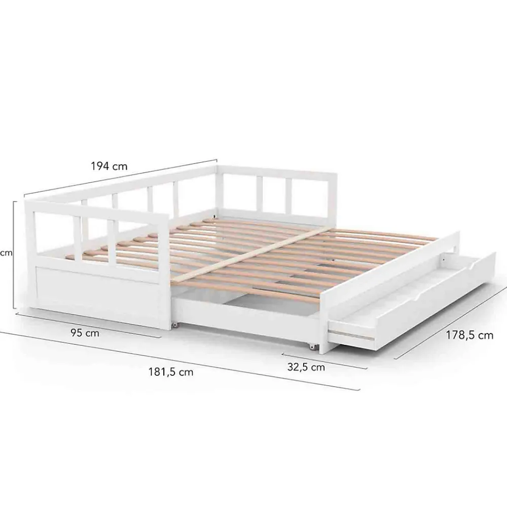 Lit banquette 90 x 190 cm ZOYA convertible 180 x 190 cm blanc avec 1 tiroir de rangement>IDMarket Online