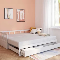 Lit banquette 90 x 190 cm ZOYA convertible 180 x 190 cm blanc avec 1 tiroir de rangement><noscript><img width=