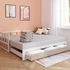IDMarket Lit banquette 90 x 190 cm ZOYA convertible 180 x 190 cm blanc et hêtre avec 1 tiroir de rangement* Lit Avec Rangement