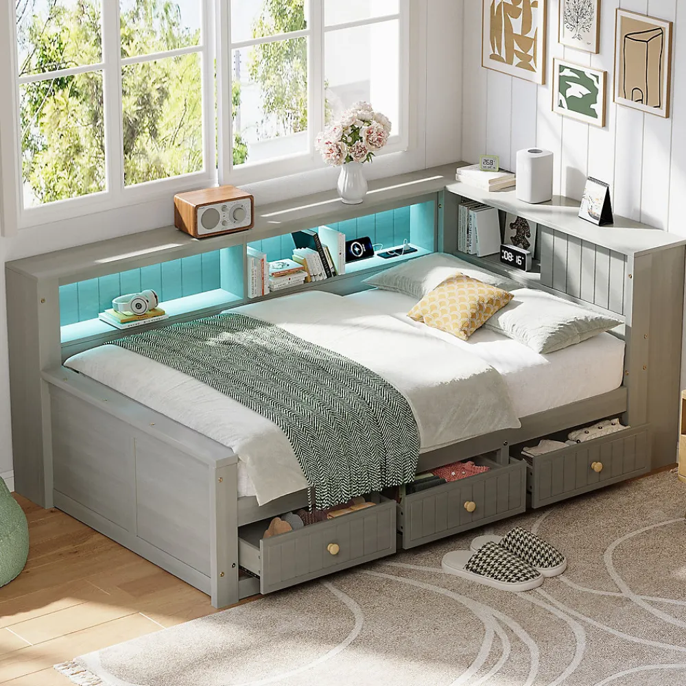 Okwish Lit Banquette Simple 90x200 cm - avec Rangement Intégré, 3 Tiroirs et Étagères, MDF et Contreplaqué, Gris, sans Matelas*Enfant Lit Enfant