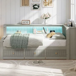 Okwish Lit Banquette Simple 90x200 cm - avec Rangement Intégré, 3 Tiroirs et Étagères, MDF et Contreplaqué, Gris, sans Matelas*Enfant Lit Enfant
