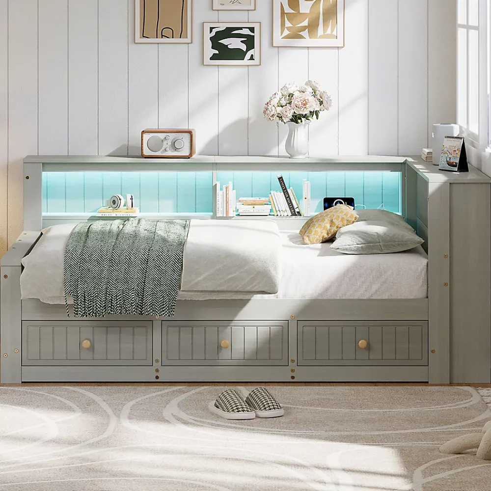 Okwish Lit Banquette Simple 90x200 cm - avec Rangement Intégré, 3 Tiroirs et Étagères, MDF et Contreplaqué, Gris, sans Matelas*Enfant Lit Enfant