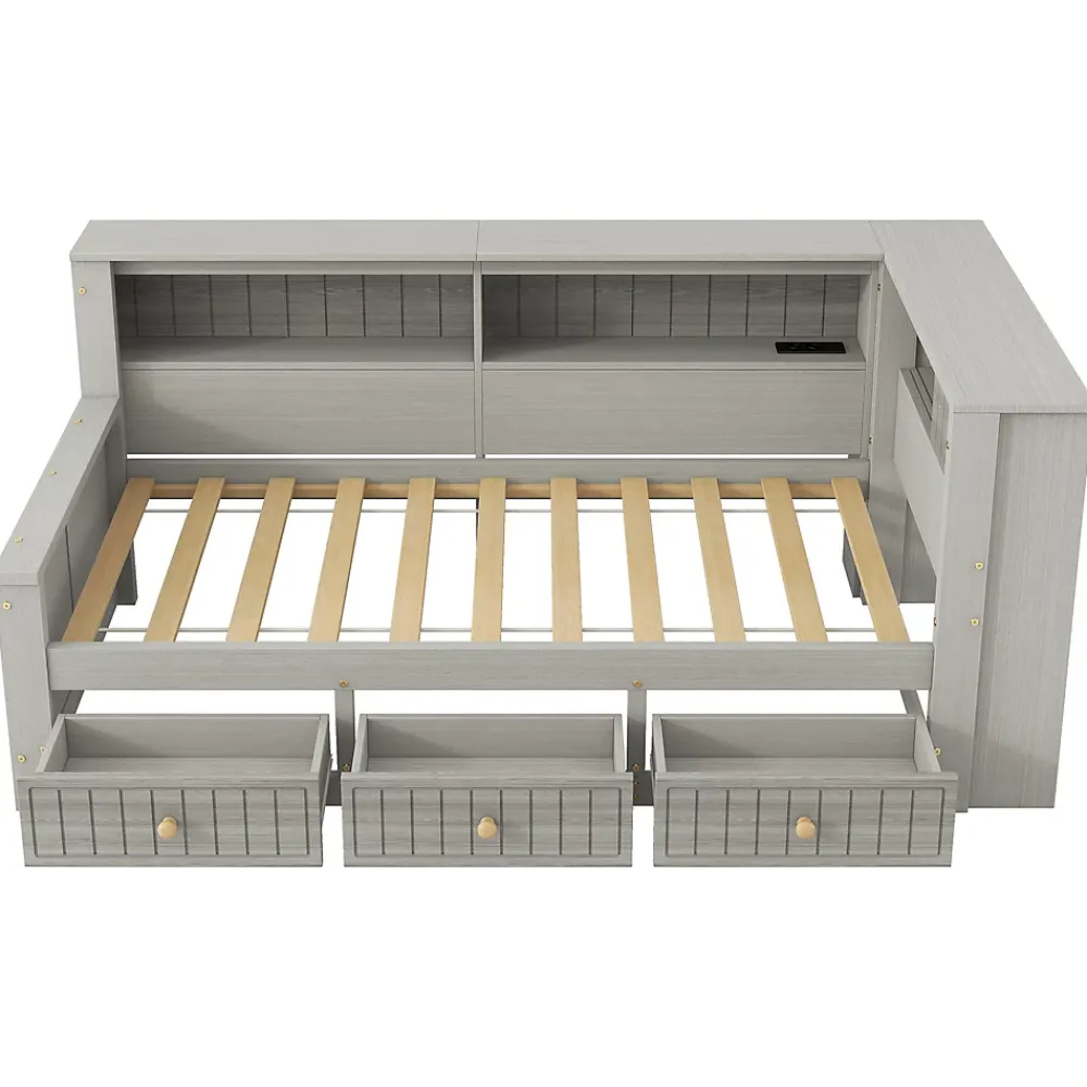 Okwish Lit Banquette Simple 90x200 cm - avec Rangement Intégré, 3 Tiroirs et Étagères, MDF et Contreplaqué, Gris, sans Matelas*Enfant Lit Enfant