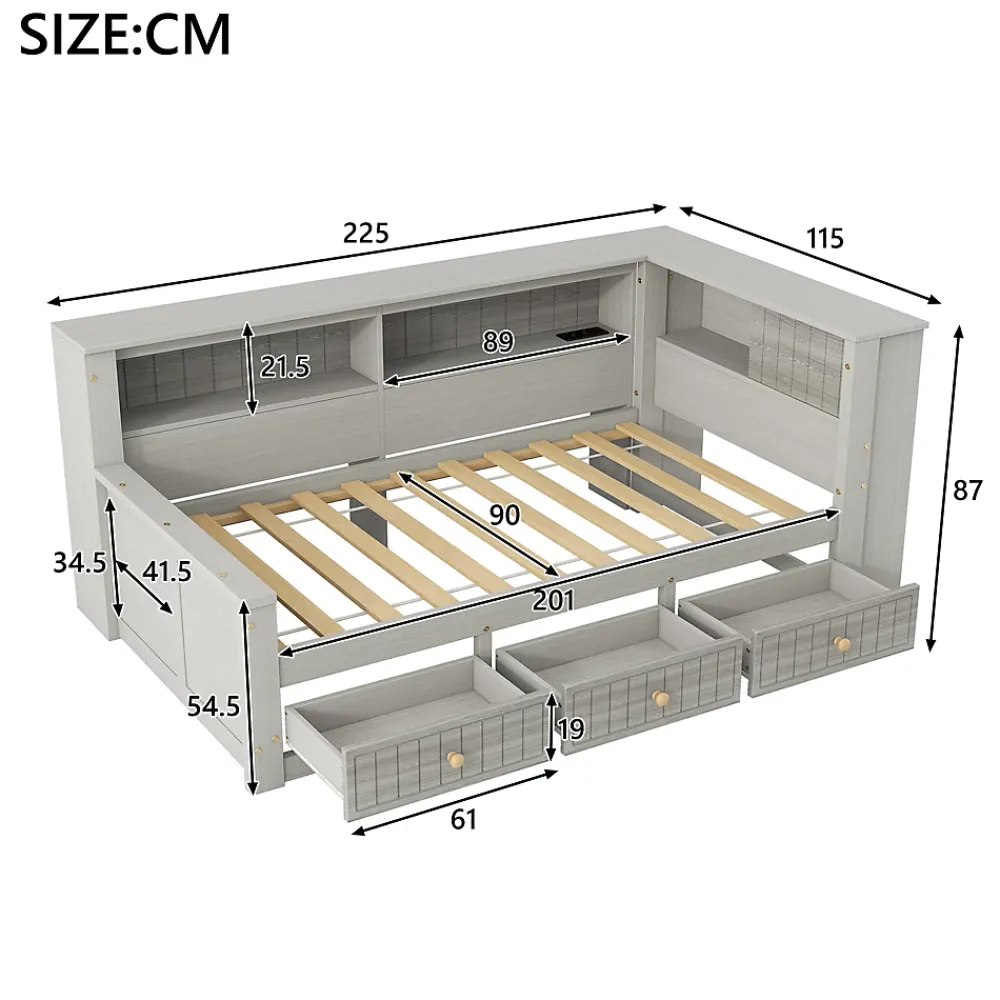 Okwish Lit Banquette Simple 90x200 cm - avec Rangement Intégré, 3 Tiroirs et Étagères, MDF et Contreplaqué, Gris, sans Matelas*Enfant Lit Enfant