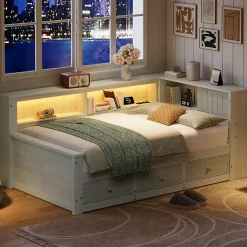 Okwish Lit Banquette Simple 90x200 cm - avec Rangement Intégré, 3 Tiroirs et Étagères, MDF et Contreplaqué, Gris, sans Matelas*Enfant Lit Enfant