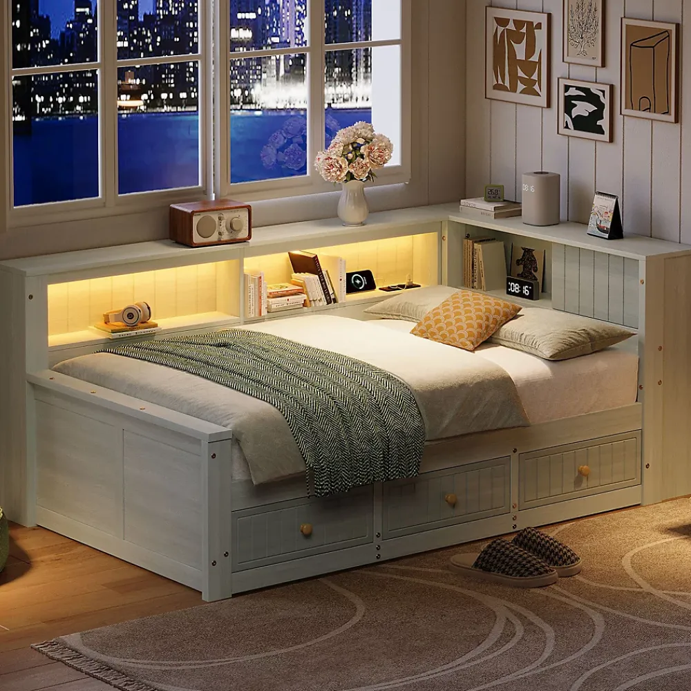 Okwish Lit Banquette Simple 90x200 cm - avec Rangement Intégré, 3 Tiroirs et Étagères, MDF et Contreplaqué, Gris, sans Matelas*Enfant Lit Enfant