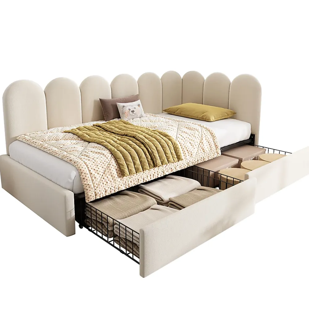 Okwish Lit Banquette 90x200 cm - Lit Enfant Capitonné avec 2 Tiroirs de Rangement et Sommier à Lattes, en Velours - sans Matelas - Beige* Lit Simple