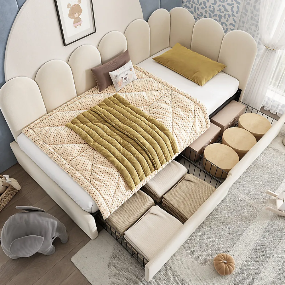Okwish Lit Banquette 90x200 cm - Lit Enfant Capitonné avec 2 Tiroirs de Rangement et Sommier à Lattes, en Velours - sans Matelas - Beige* Lit Simple