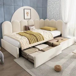 Okwish Lit Banquette 90x200 cm - Lit Enfant Capitonné avec 2 Tiroirs de Rangement et Sommier à Lattes, en Velours - sans Matelas - Beige* Lit Simple