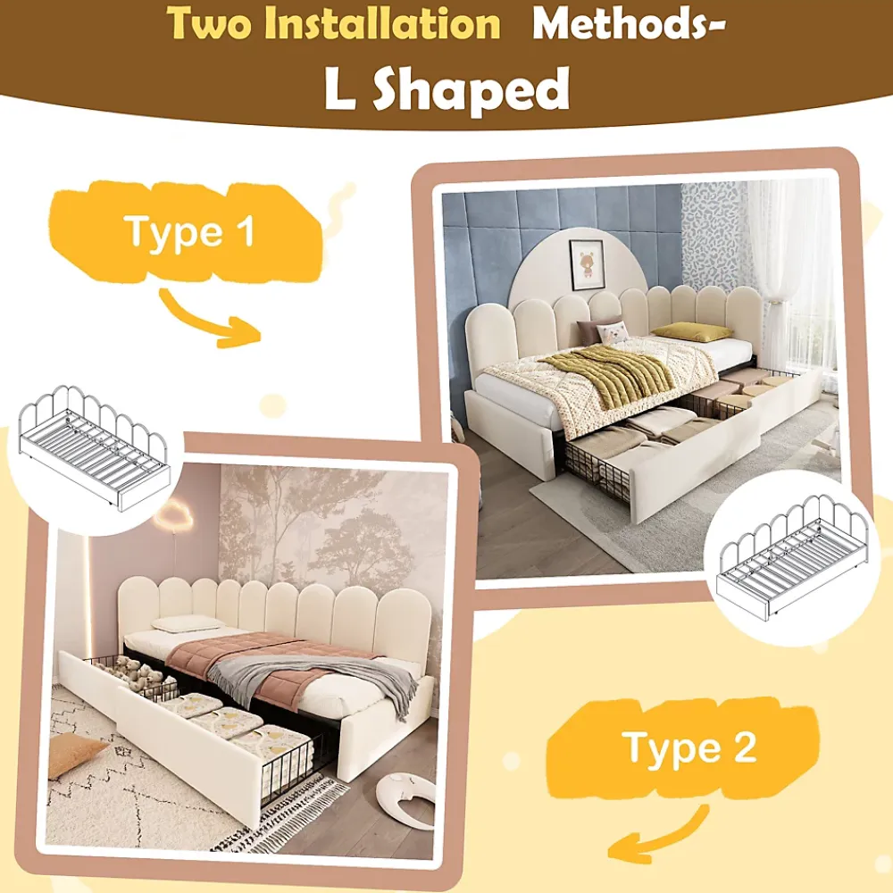 Okwish Lit Banquette 90x200 cm - Lit Enfant Capitonné avec 2 Tiroirs de Rangement et Sommier à Lattes, en Velours - sans Matelas - Beige* Lit Simple