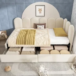 Okwish Lit Banquette 90x200 cm - Lit Enfant Capitonné avec 2 Tiroirs de Rangement et Sommier à Lattes, en Velours - sans Matelas - Beige* Lit Simple