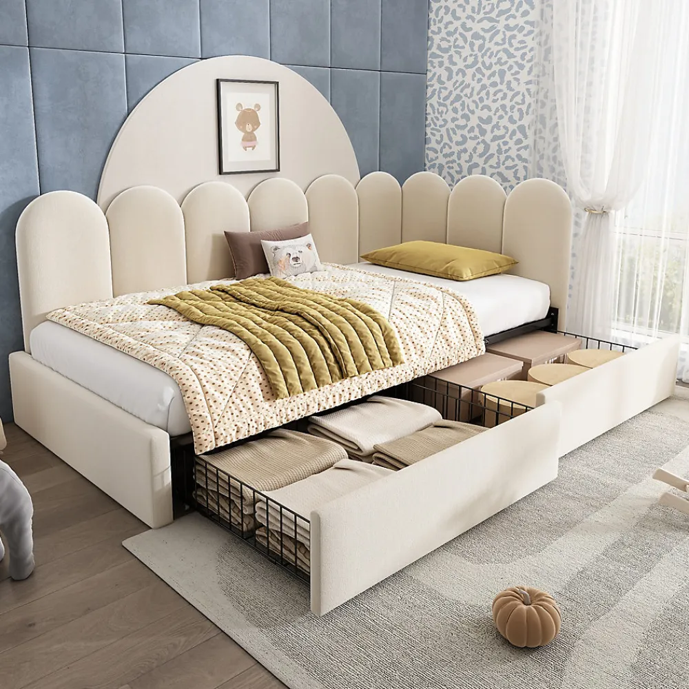Lit Banquette 90x190 cm - Lit Enfant Capitonné avec 2 Tiroirs de Rangement et Sommier à Lattes, en Velours - sans Matelas - Beige>Okwish New