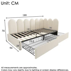 Lit Banquette 90x190 cm - Lit Enfant Capitonné avec 2 Tiroirs de Rangement et Sommier à Lattes, en Velours - sans Matelas - Beige><noscript><img width=