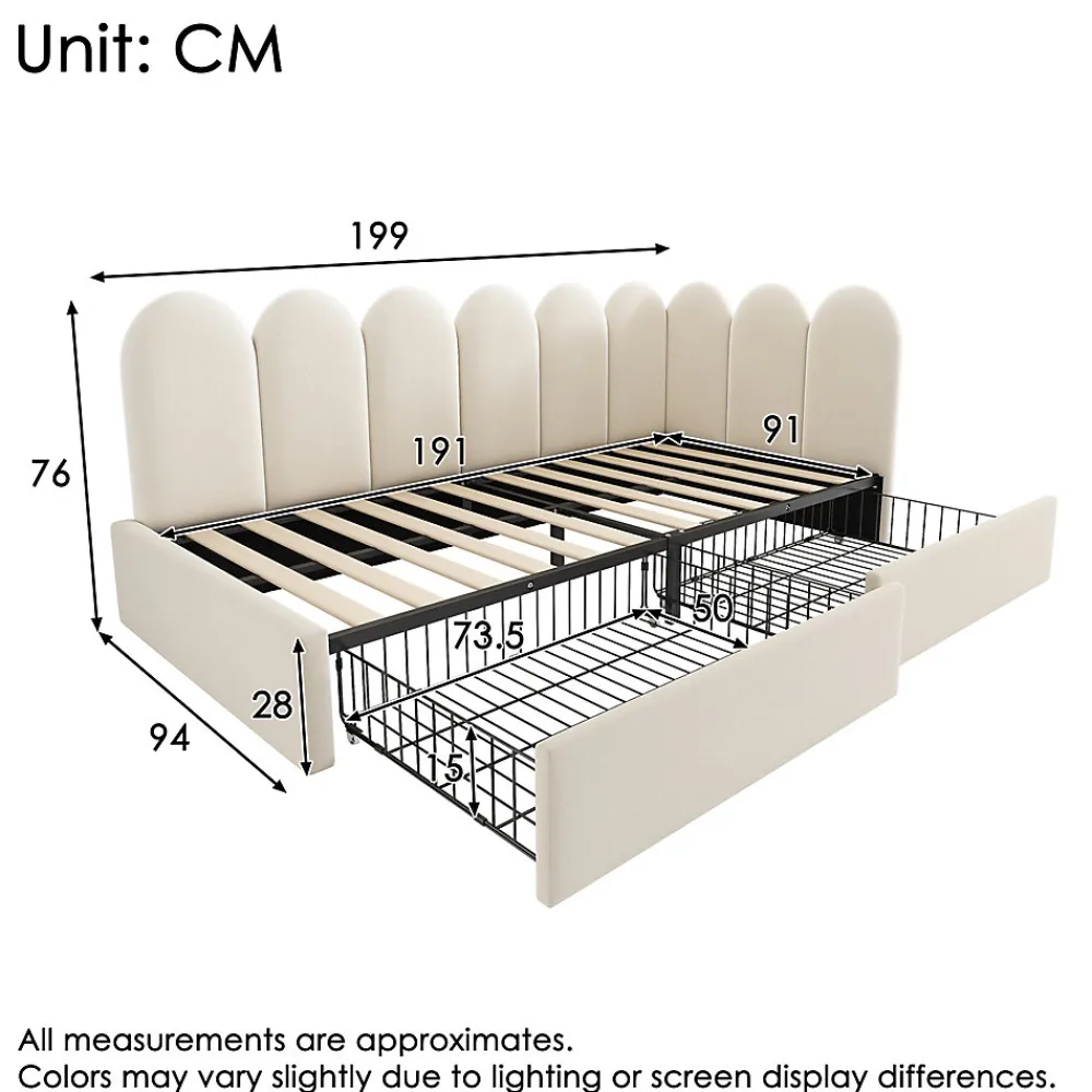 Lit Banquette 90x190 cm - Lit Enfant Capitonné avec 2 Tiroirs de Rangement et Sommier à Lattes, en Velours - sans Matelas - Beige>Okwish New