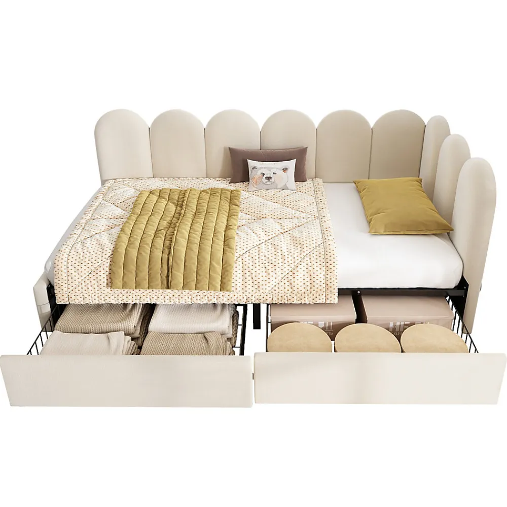 Lit Banquette 90x190 cm - Lit Enfant Capitonné avec 2 Tiroirs de Rangement et Sommier à Lattes, en Velours - sans Matelas - Beige>Okwish New