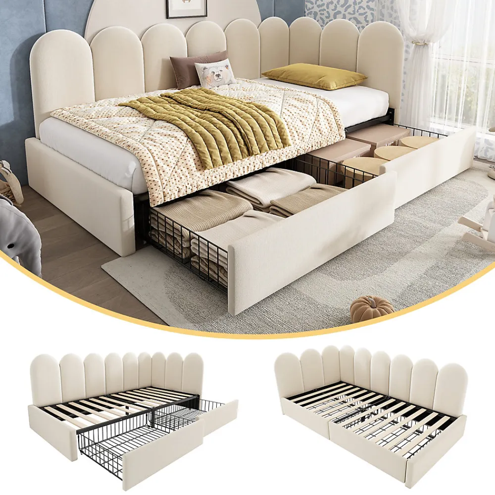 Lit Banquette 90x190 cm - Lit Enfant Capitonné avec 2 Tiroirs de Rangement et Sommier à Lattes, en Velours - sans Matelas - Beige>Okwish New