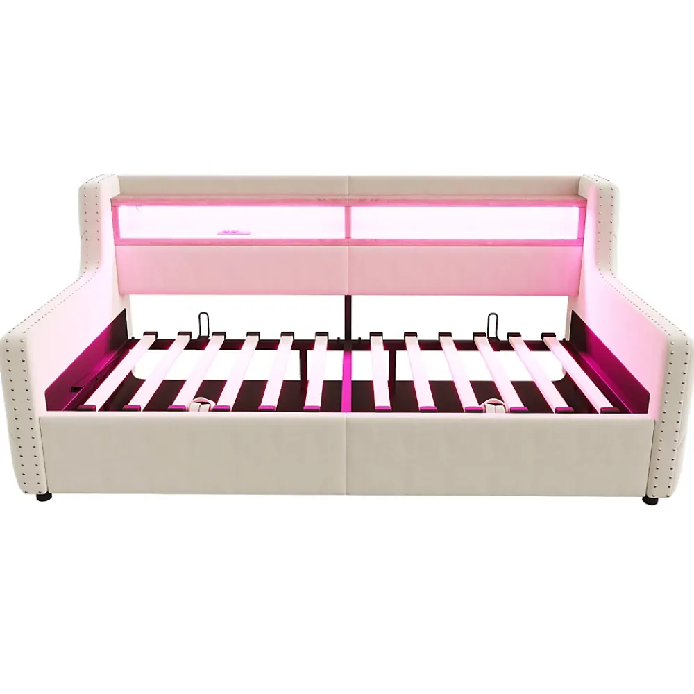 Okwish Lit Banquette 90x200 cm en Velours avec Éclairage LED, Prise Électrique et Ports USB - Sans Matelas - Beige* Lit Coffre