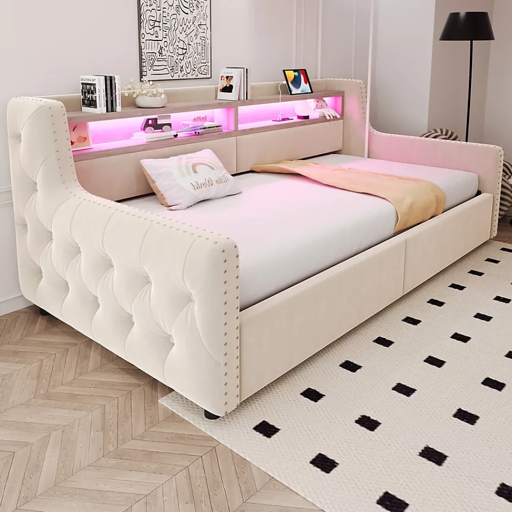 Okwish Lit Banquette 90x200 cm en Velours avec Éclairage LED, Prise Électrique et Ports USB - Sans Matelas - Beige* Lit Coffre