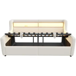 Okwish Lit Banquette 90x200 cm en Velours avec Éclairage LED, Prise Électrique et Ports USB - Sans Matelas - Beige* Lit Coffre
