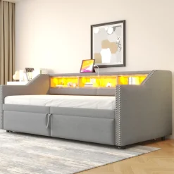 Lit banquette 90x200+180x200 cm gigogne avec rangement, éclairage LED, prise USB, structure lin métal MDF gris clair sans matelas><noscript><img data-lazyloaded=