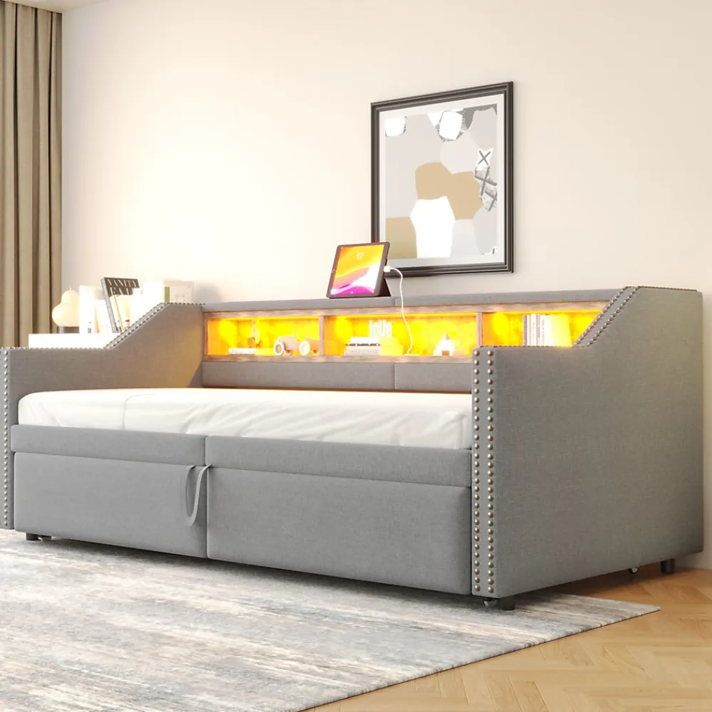 Lit banquette 90x200+180x200 cm gigogne avec rangement, éclairage LED, prise USB, structure lin métal MDF gris clair sans matelas>Okwish Sale
