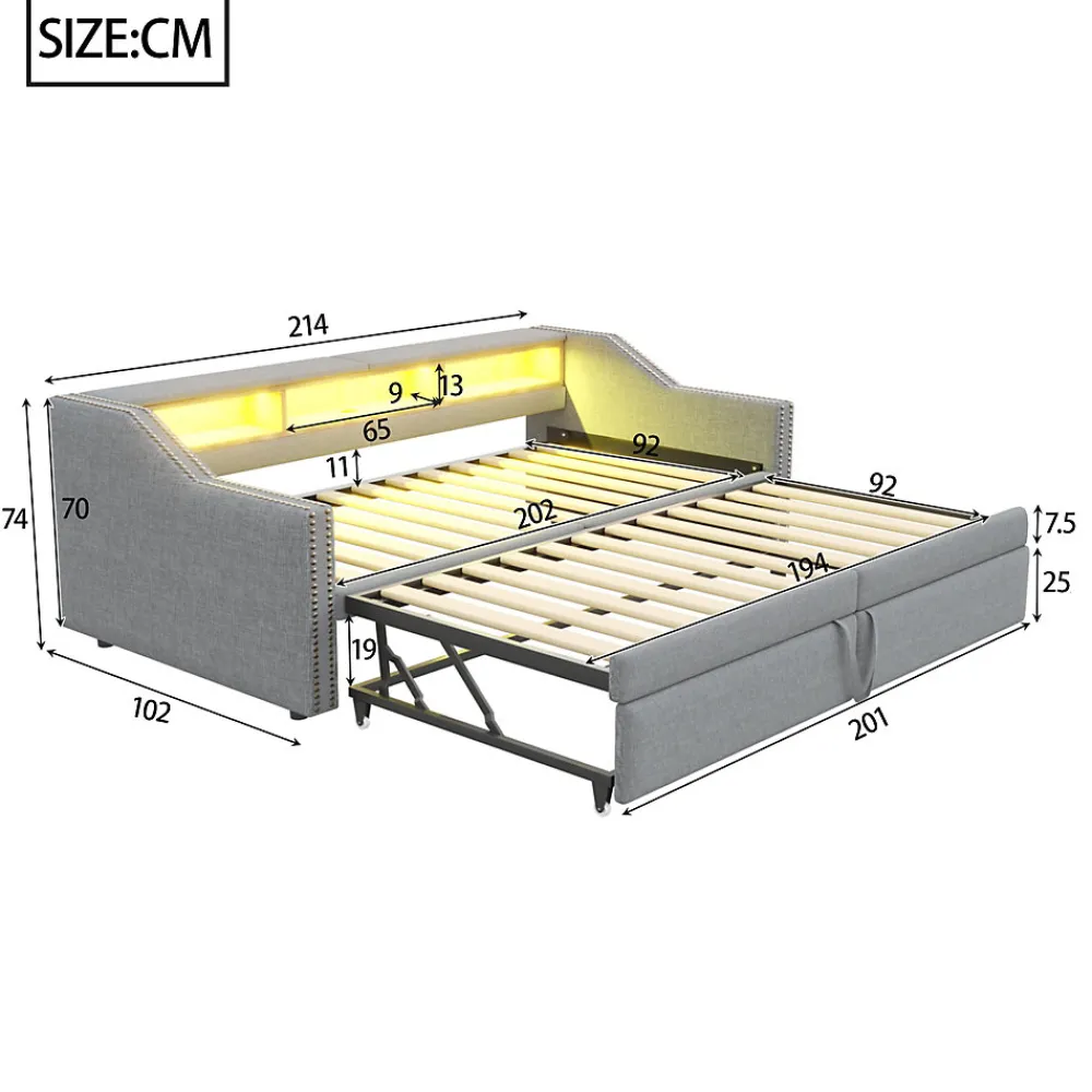 Lit banquette 90x200+180x200 cm gigogne avec rangement, éclairage LED, prise USB, structure lin métal MDF gris clair sans matelas>Okwish Sale
