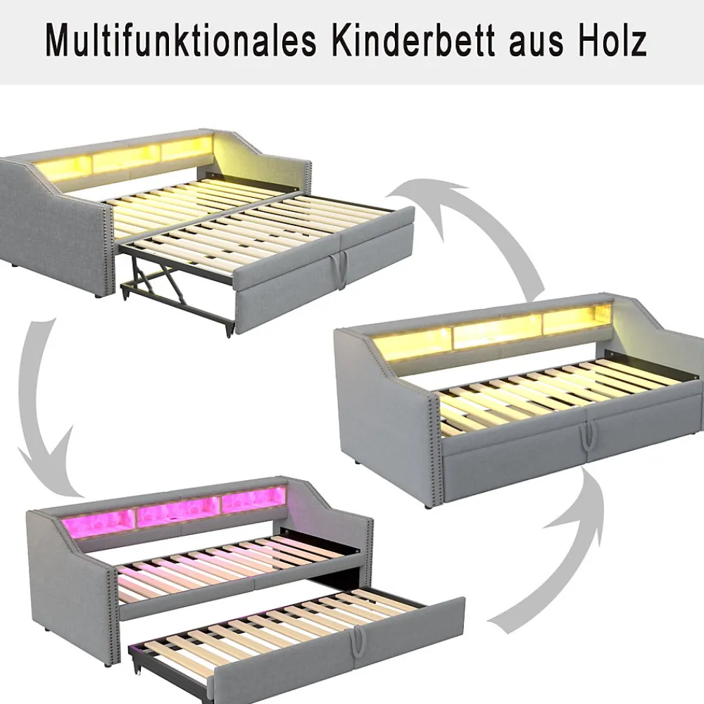 Lit banquette 90x200+180x200 cm gigogne avec rangement, éclairage LED, prise USB, structure lin métal MDF gris clair sans matelas>Okwish Sale