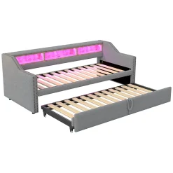 Lit banquette 90x200+180x200 cm gigogne avec rangement, éclairage LED, prise USB, structure lin métal MDF gris clair sans matelas><noscript><img data-lazyloaded=