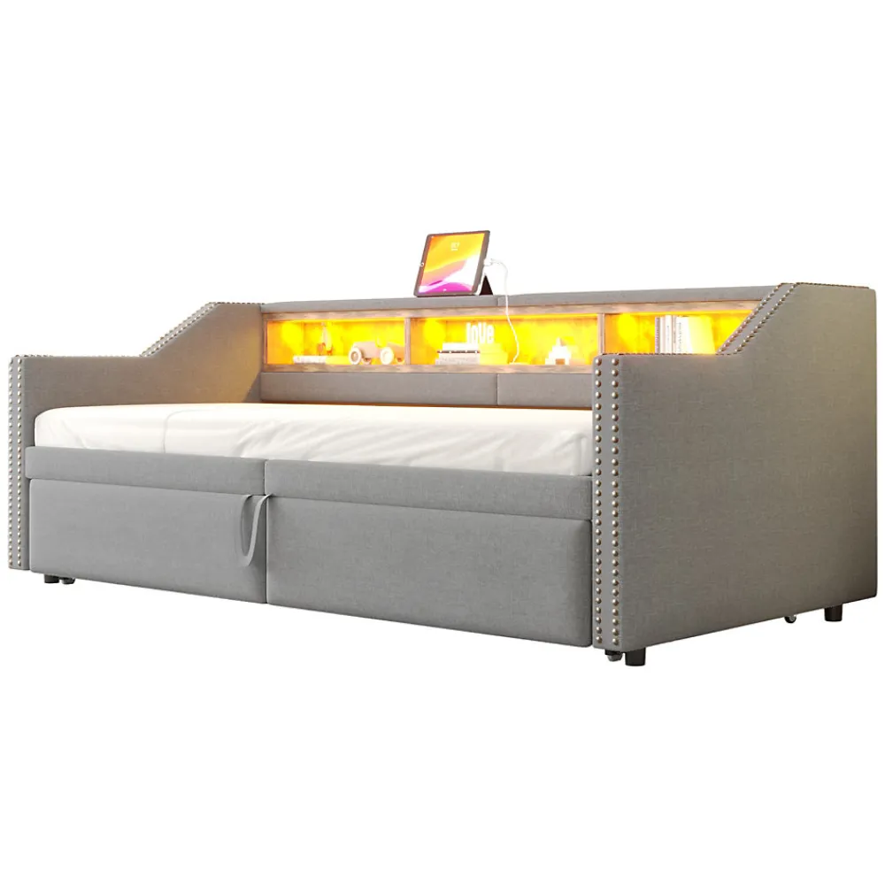 Lit banquette 90x200+180x200 cm gigogne avec rangement, éclairage LED, prise USB, structure lin métal MDF gris clair sans matelas>Okwish Sale