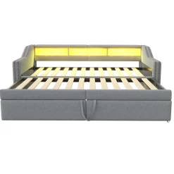 Lit banquette 90x200+180x200 cm gigogne avec rangement, éclairage LED, prise USB, structure lin métal MDF gris clair sans matelas><noscript><img data-lazyloaded=